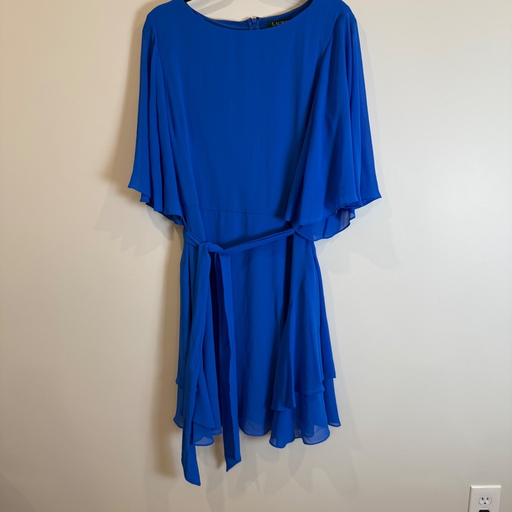 Lauren Ralph Lauren Cobalt Blue Dress Size 16 Chiffon‎ Overlay Belted Elegant